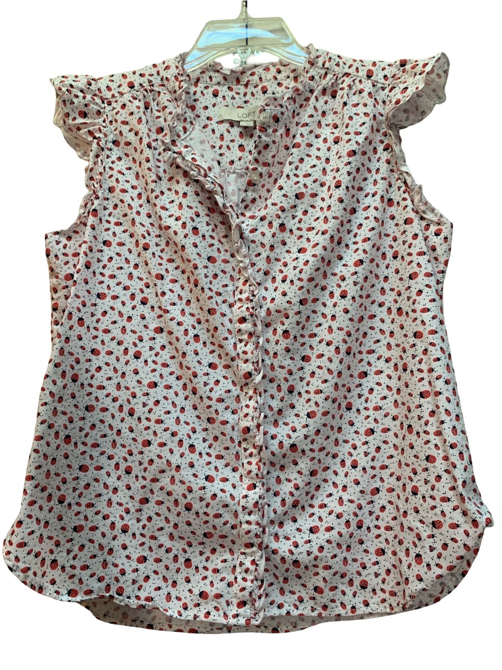 LOFT White Sleeveless Ruffle Blouse with Red Lady bug print